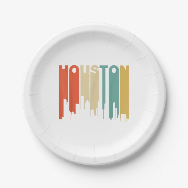 Assiettes En Carton Retro 1970's Style Houston Texas Skyline  (Devant)