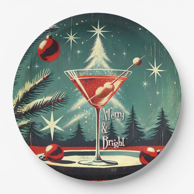 Assiettes En Carton Retro 50s Snow Flurry Christmas Tree Martini (Devant)