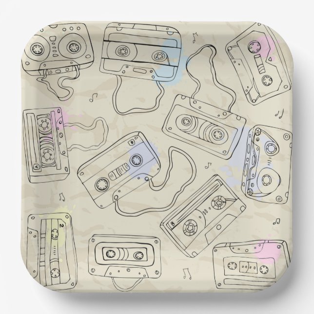 Assiettes En Carton Retro 80s 90s Nostalgic Cassette Mix Tape Pattern (Recto)