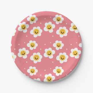 Assiettes En Carton Retro Abstrait Funky 60s Emoji Daisy Motif