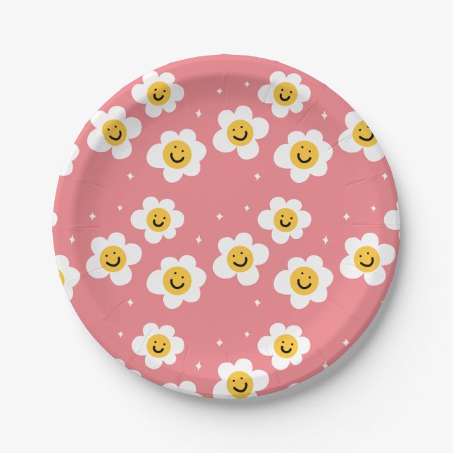 Assiettes En Carton Retro Abstrait Funny 90s Emoji Daisy Motif (Devant)