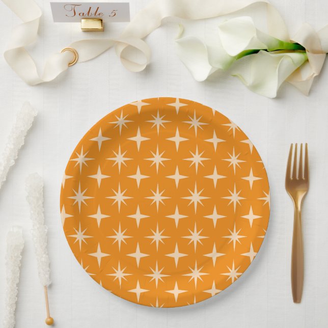 Assiettes En Carton Retro Atomic Stars Motif sur Orange (Mariage)