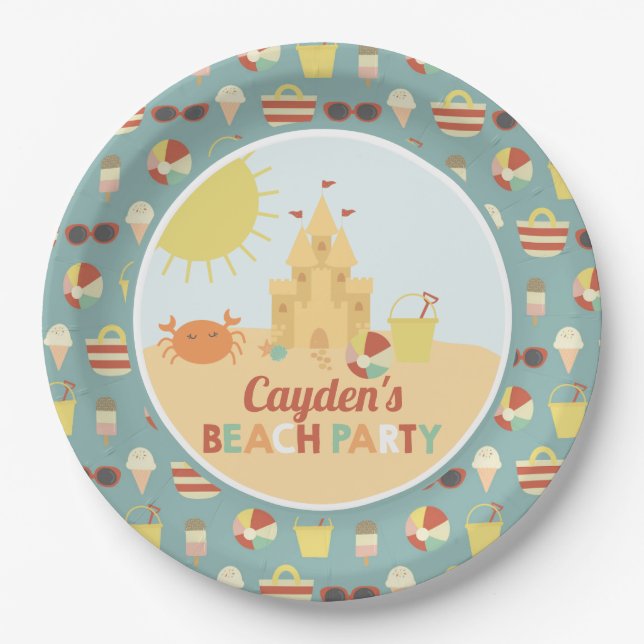 Assiettes En Carton Retro Beach Party Summer Sand château Anniversaire (Devant)