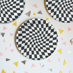 Assiettes En Carton Retro Black White Checks Warped Checkered