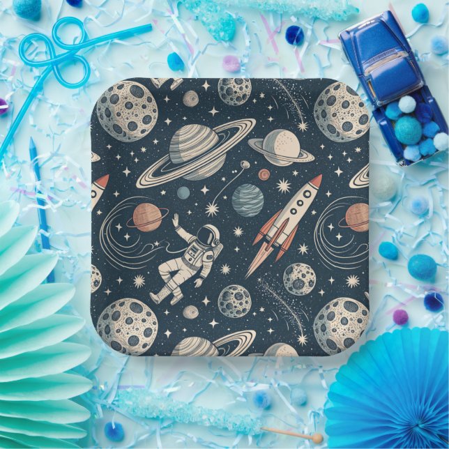Assiettes En Carton Retro Blue Galaxy Exploration (Fête)
