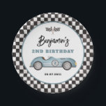 Assiettes En Carton Retro Blue Race Car Deux Fast Boy Anniversaire<br><div class="desc">Ces plaques en papier accrocheuses allient charme vintage et fantaisie ludique,  avec une voiture de course rétro magnifiquement illustrée dans une couleur sereine de bleu poussiéreux.</div>