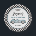 Assiettes En Carton Retro Blue Race Car Deux Fast Boy Anniversaire<br><div class="desc">Ces plaques en papier accrocheuses allient charme vintage et fantaisie ludique,  avec une voiture de course rétro magnifiquement illustrée dans une couleur sereine de bleu poussiéreux.</div>