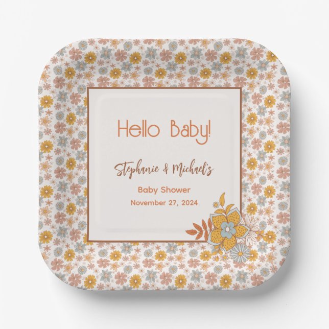 Assiettes En Carton Retro Boho Baby shower Floral Genre Neutre (Recto)