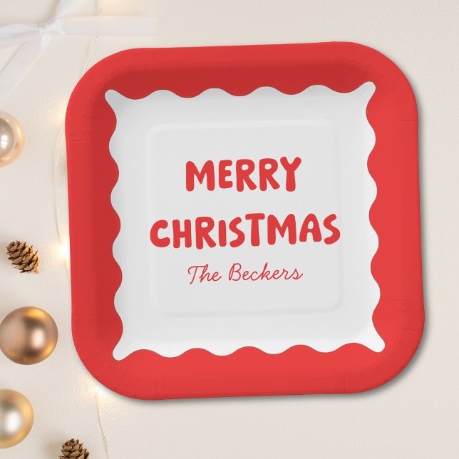 Assiettes En Carton Retro Bold Wavy Red Fun Custom Joyeux Noël (Créateur téléchargé)