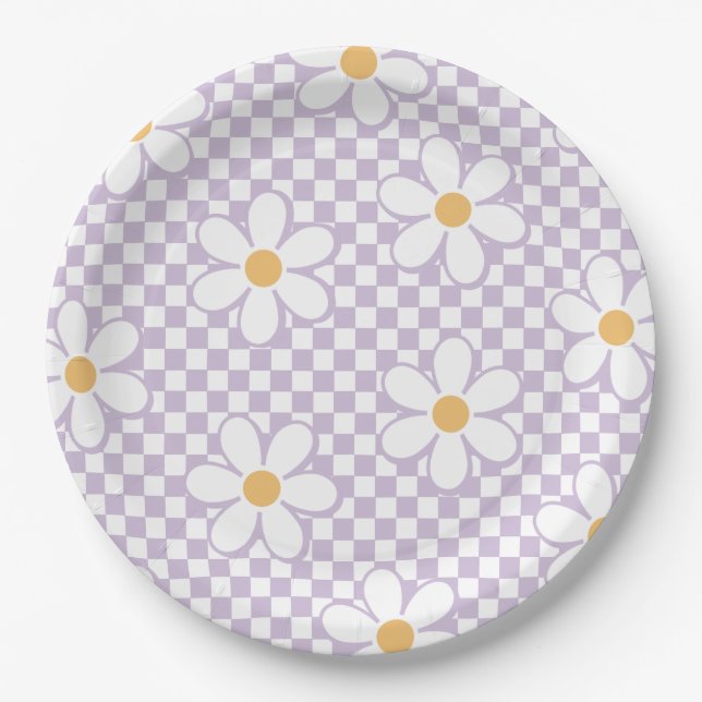 Assiettes En Carton Retro Checker Lilac Daisy anniversaire (Devant)