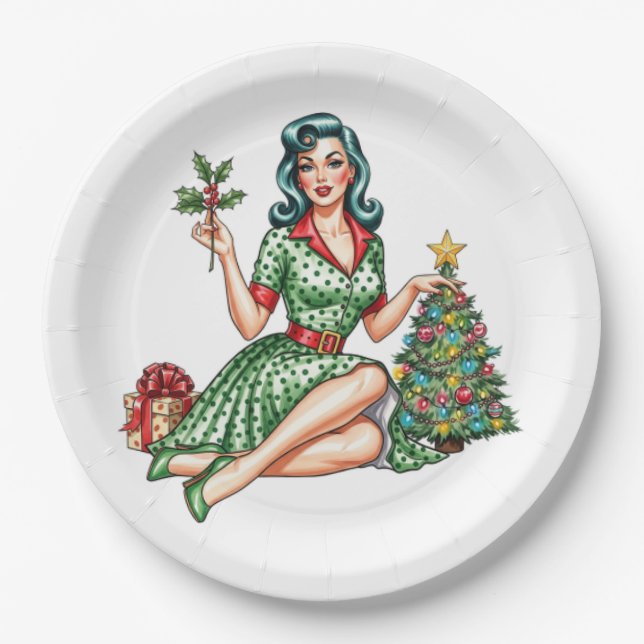 Assiettes En Carton Retro Christmas Pin-Up Paper Plate (Devant)