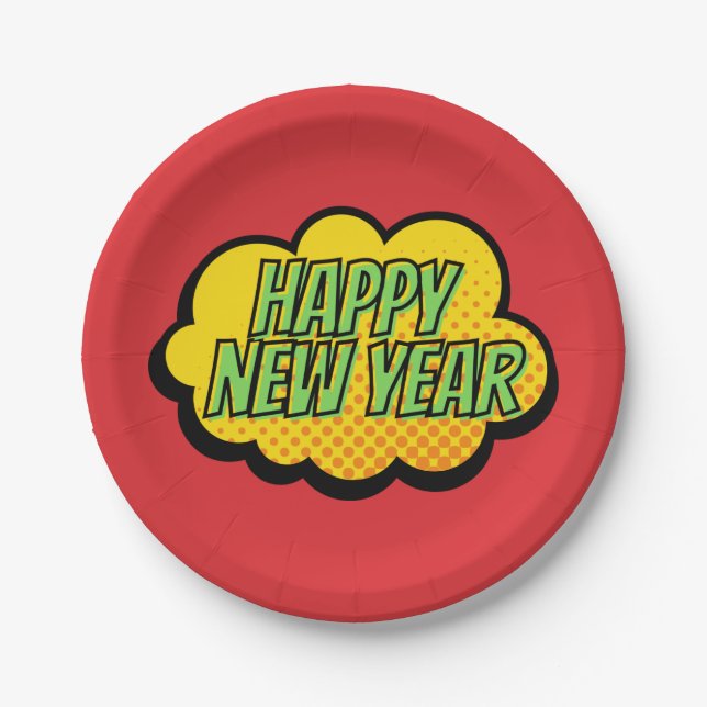 Assiettes En Carton Retro Comic Style Livre Happy New Year Plaque papi (Devant)