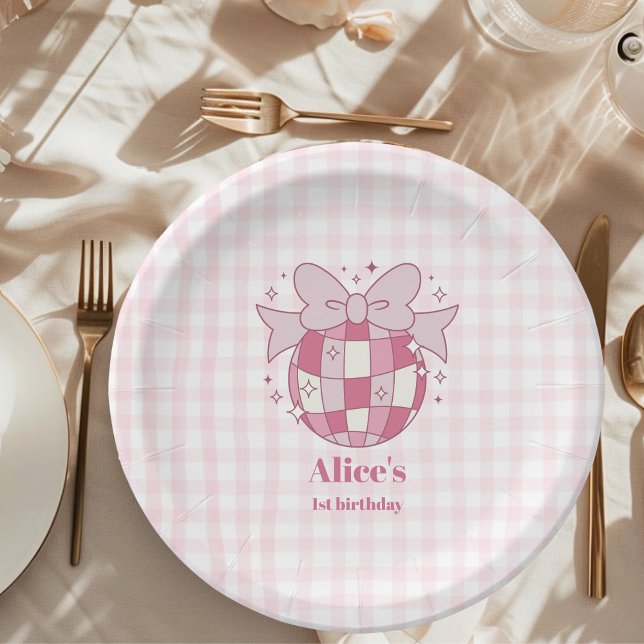 Assiettes En Carton Retro Cute Pink Bow Coquette 1er anniversaire (Créateur téléchargé)