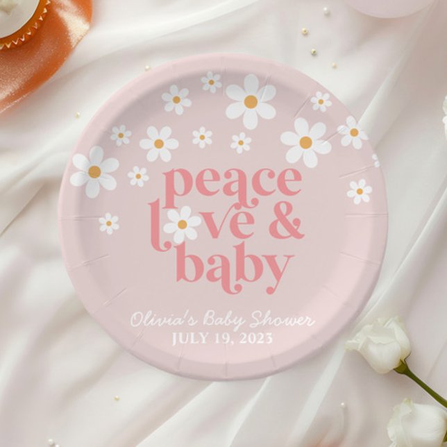 Assiettes En Carton Retro Daisy Boho rose Peace Love Baby shower (Créateur téléchargé)