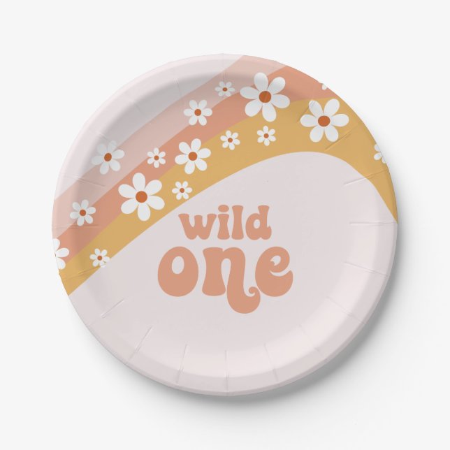 Assiettes En Carton Retro Daisy Boho Wild One Rainbow Papier Plaque (Devant)