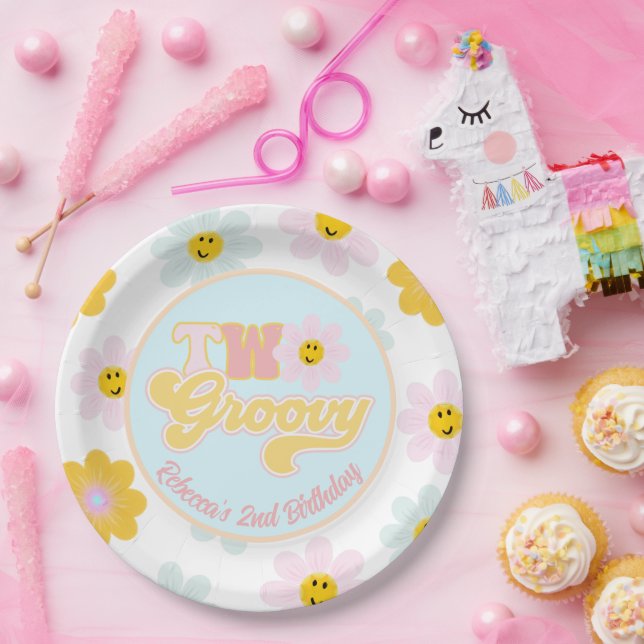 Assiettes En Carton Retro Daisy Deux Super Anniversaire Plaque papier  (Fête)