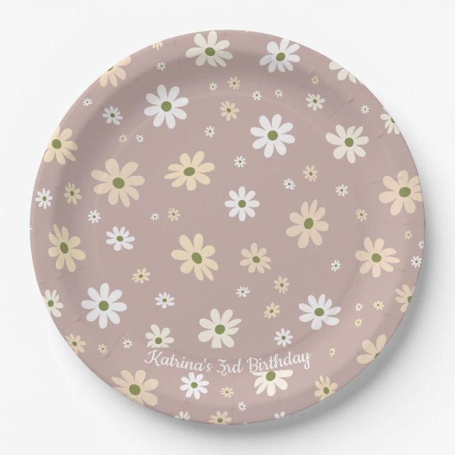 Assiettes En Carton Retro Daisy Floral Motif Personnalisé Anniversaire (Devant)