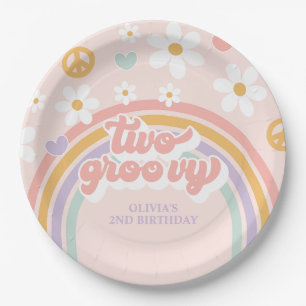 Assiettes En Carton Rétro Deux Fille Groovy Arc-en-ciel 2ème Anniversa