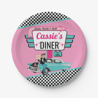Assiettes En Carton Retro Diner 1950 rose et fête d'anniversaire Turqu