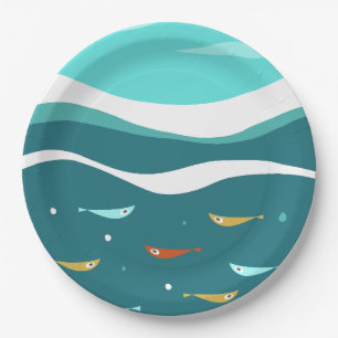 Assiettes En Carton Rétro Été Vagues Océaniques Mi-Siècle Moderne