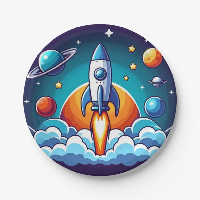 Assiettes En Carton Retro, fusée spatiale (Devant)