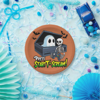 Assiettes En Carton Rétro Gaming Halloween - Humour Squelette Console
