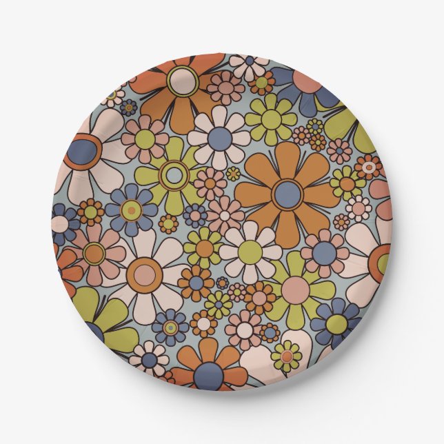 Assiettes En Carton Retro Garden Vintage années 60 les années 70 Fleur (Devant)