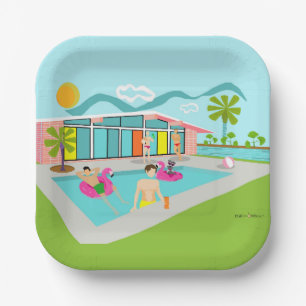 Assiettes En Carton Retro Gay Pink Flamant rose Pool Party