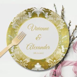 Assiettes En Carton Retro Gold Green Mariage damassé