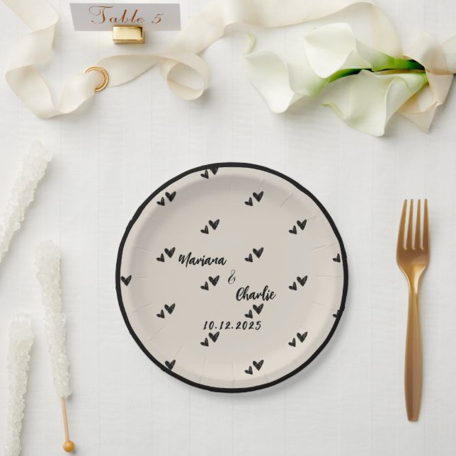 Assiettes En Carton Retro Grey Hand Drawn Heart  Illustrated Wedding (Mariage)