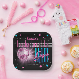 Assiettes En Carton Rétro Look Néon des Années 70 Boule à Facettes Ent