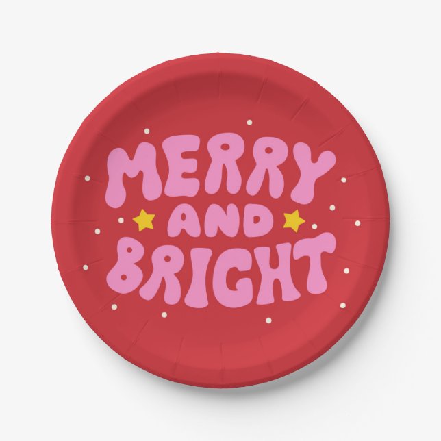 Assiettes En Carton Retro Merry et Bright Holiday Design (Devant)