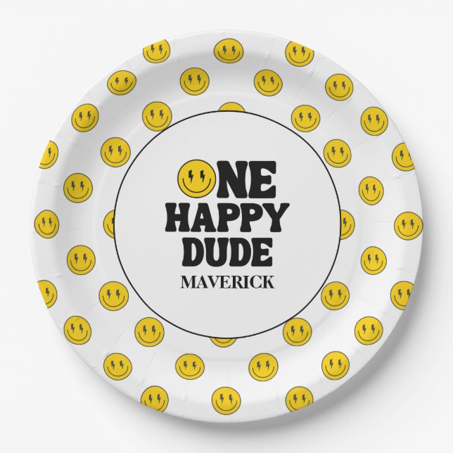 Assiettes En Carton Retro One Happy Dude Smile Face Boy 1st Birthday (Devant)