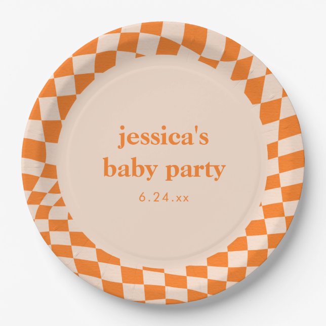Assiettes En Carton Retro Orange Abstract Checkerboard Baby Shower (Devant)
