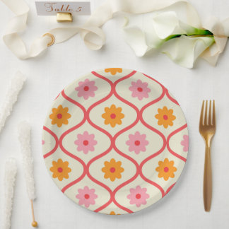 Assiettes En Carton Retro Orange and Pink flowers on Ogee Pattern 