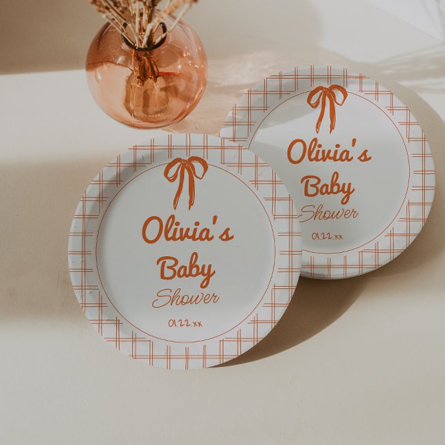 Assiettes En Carton Retro Orange Hand Drawn Written Bow Baby Shower (Créateur téléchargé)