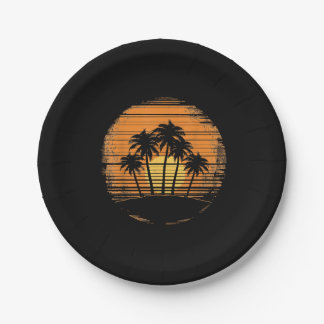 Assiettes En Carton Retro Palm Tree Sunset Summer Beach Vintage Tropic