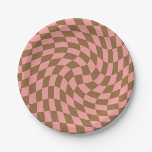 Assiettes En Carton Retro Pastel Pink Chèques Brown Warped Checkerboar