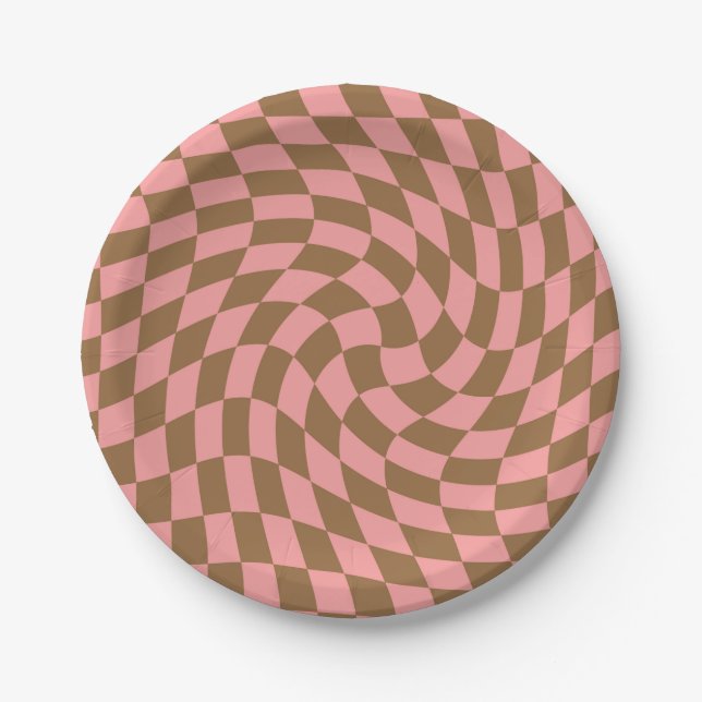 Assiettes En Carton Retro Pastel Pink Chèques Brown Warped Checkerboar (Devant)