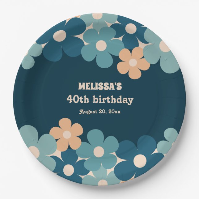 Assiettes En Carton Retro Peach Dark Green Boho Flower 40th Birthday (Devant)