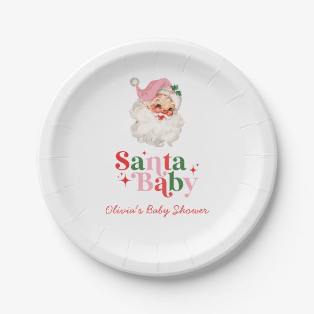 Assiettes En Carton Retro Pink Santa Baby christmas baby shower (Devant)
