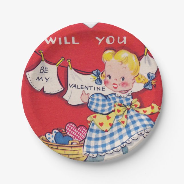 Assiettes En Carton Rétro plat mignon de partie de Valentine de fille (Devant)