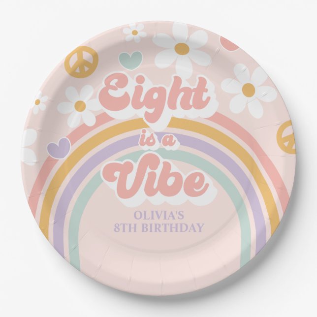 Assiettes En Carton Retro Rainbow Eight est un Vibe 8e anniversaire (Devant)