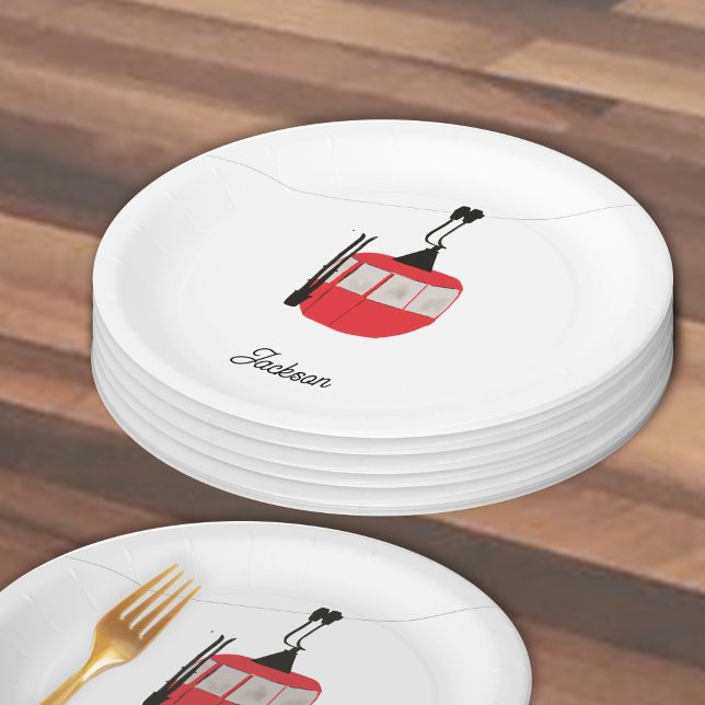 Assiettes En Carton Retro Red Ski Gondola Lift Personnalisé (Créateur téléchargé)