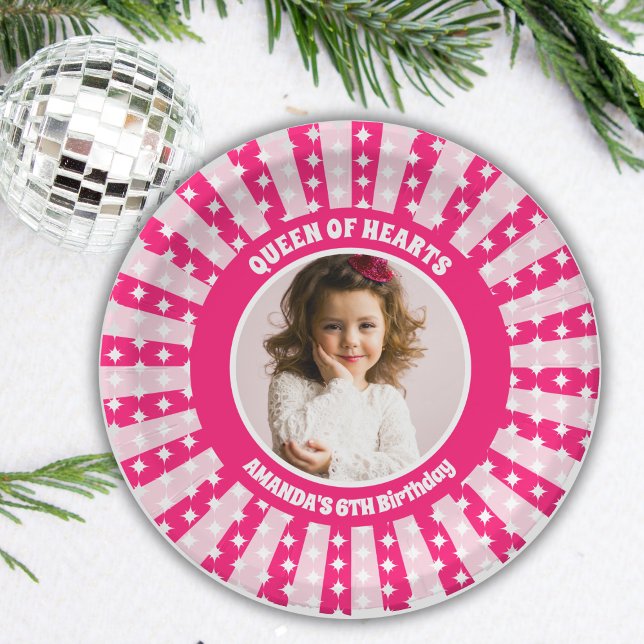 Assiettes En Carton Retro Reine des Coeurs Rose Photo de fête d'annive (Créateur téléchargé)