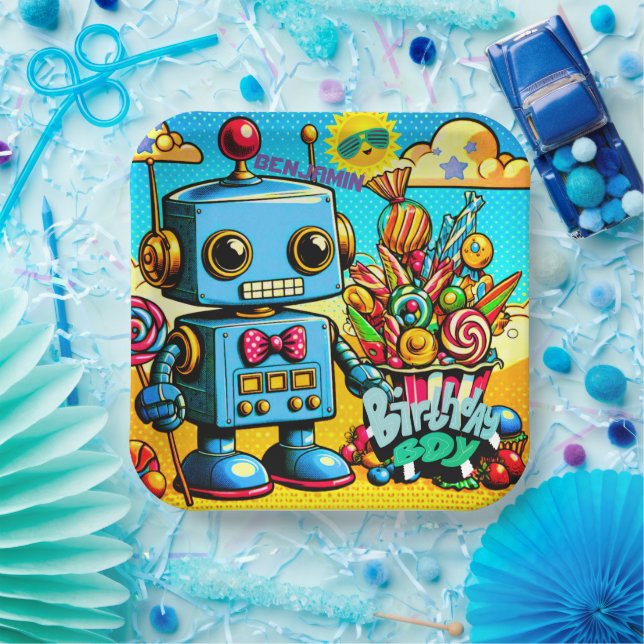 Assiettes En Carton Retro Robot Birthday Boy personnalisable (Fête)