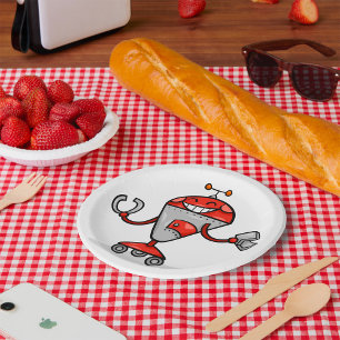 Assiettes En Carton Retro Robot Cartoon amusant Rouge et Argent AI Bot