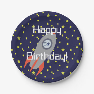 Assiettes En Carton Retro Rocket Ship Joyeux anniversaire