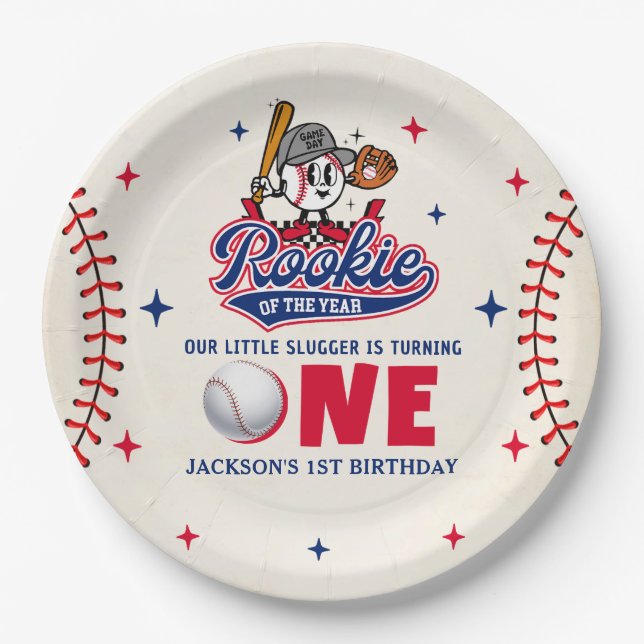 Assiettes En Carton Retro Rookie de l'année Baseball 1er anniversaire (Devant)