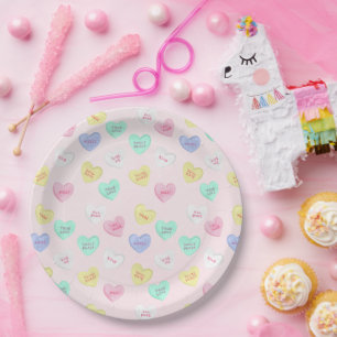 Assiettes En Carton Retro Saint Valentin Coeurs bonbons sur Baby Pink
